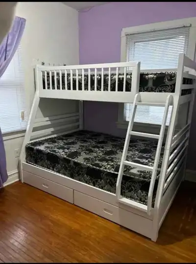 White wooden bunk bed with storage drawers , View more