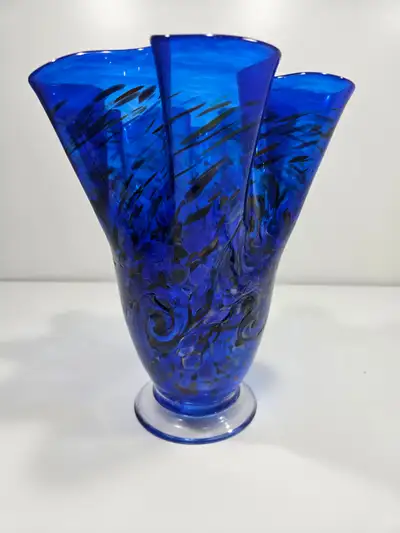 Hand painted blue glass vase, View more