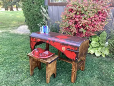 Rustic Massey-Harris 44 Tractor Hood Bar Table and matching Tractor Seat Stools. New. Built with rec...