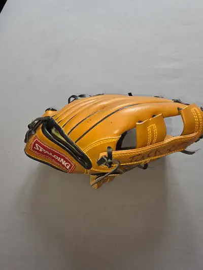 This is a Spalding T100 Hand Crafted 9 1/2 inch baseball glove, perfect for T-Ball. This glove has s...
