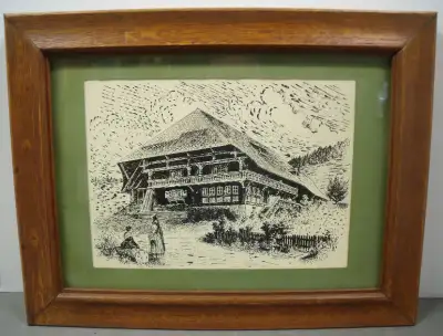 VINTAGE 10" x 14" OAK PICTURE FRAME - BLACK FOREST SCENE, View more