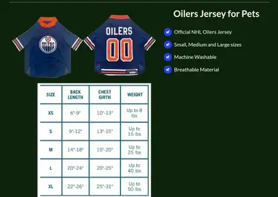 Brand new NHL Oilers jerseys for dogs. S, M and Large sizes as per the chart. free delivery within E...