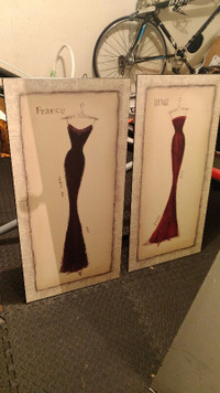 Pair (2) of MINT Paris-inspired wooden dress paintings - $80