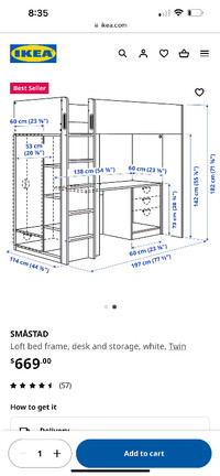 IKEA Loft bed frame, desk and storage, white, Twin with mattress