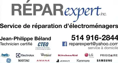 Service de réparation de laveuses,sécheuses,lave-vaisselles,cuisinières,réfrigérateurs,aspirateurs e...
