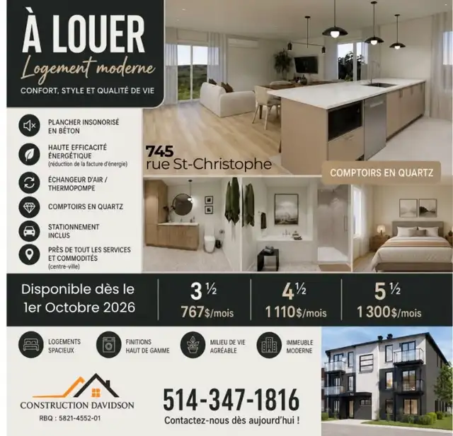 ✨6 Brand-new apartments for rent in Trois-Rivières