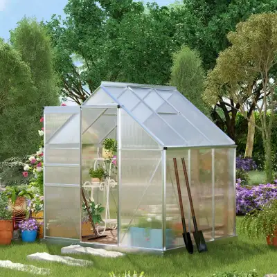 6' x 6' x 6.5' Polycarbonate Greenhouse, Walk-in Green House with Adjustable Roof Vent, Galvanized B...