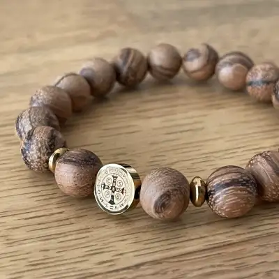 St. Benedict wood & stainless steel bracelet (10mm bead), View more