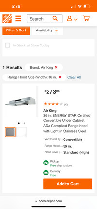 36” Air King stainless steel range hood brand new ret $310