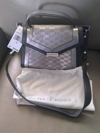 Michael Kors Whitney Medium Leather Satchel Bag Black & Silver