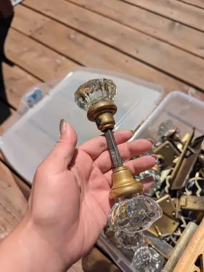 $50 total for all 7 antique vintage door knobs including brass plates and parts.