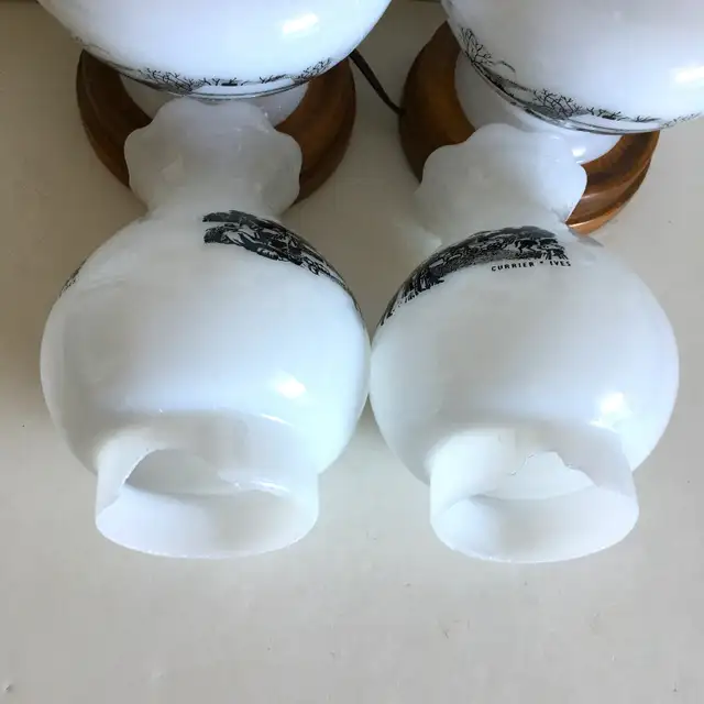 Vintage Currier & Ives Milk Glass And Wood 18" Tall Table Lamps in Indoor Lighting & Fans in Markham / York Region - Image 11