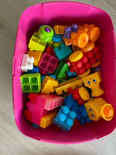 We have a large collection of Mega Bloks, including not just the basic pieces but also train-themed...