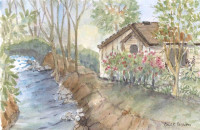 Framed Original Landscape Watercolor Painting CREEKSIDE DWELLING