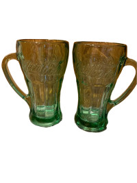 PAIR OF OLD HANDLE GREEN HEAVY GLASS COCA COLA MUGS