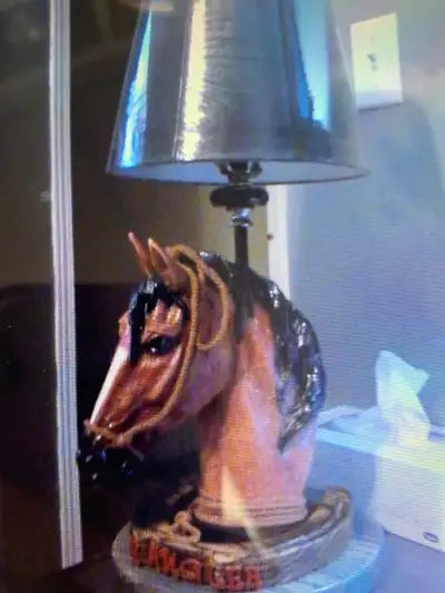 This charming horse lamp features a unique equine design, perfect for adding a touch of rustic elega...