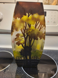 Vintage French Etched Forest Glass Vase, Galle Style (signed)