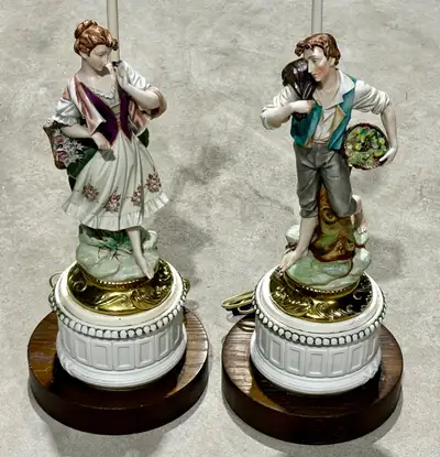 Vintage Porcelain Figural Table Lamps -Depicting Peasant Couple, View more