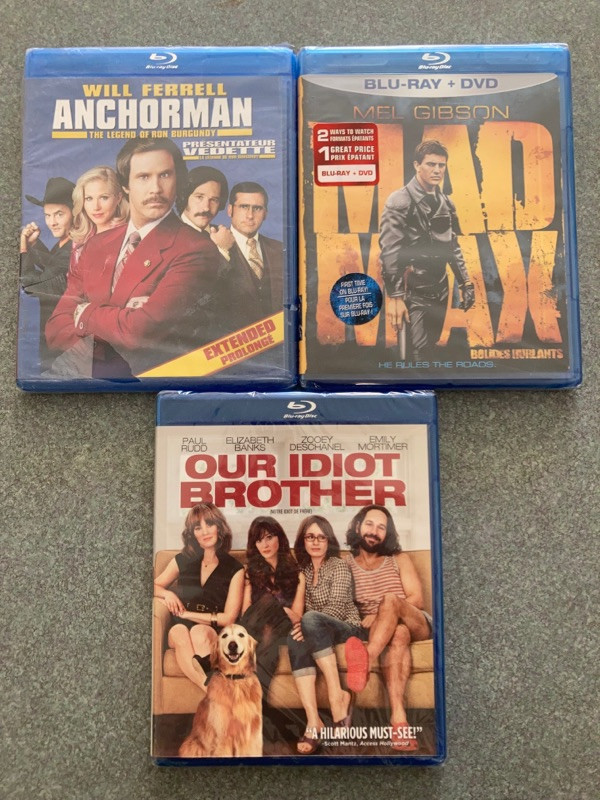 new sealed Blurays Mad Max Our Idiot Brother Anchorman  in CDs, DVDs & Blu-ray in La Ronge
