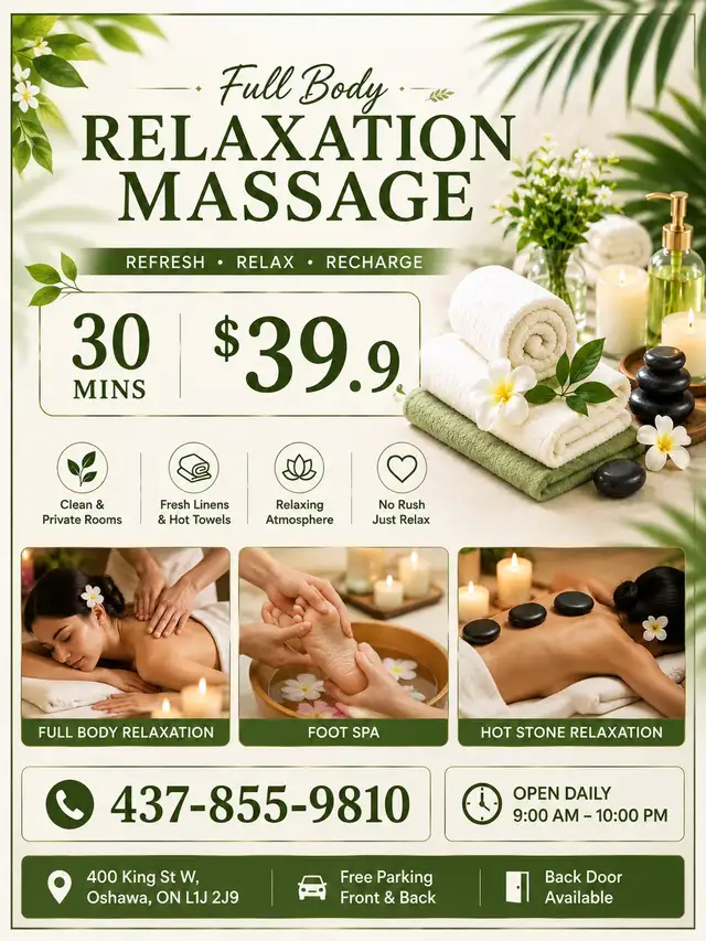 Full body relaxation massage in Oshawa