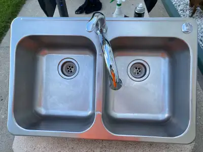 Large double stainless steel sink with complete taps and drains, View more