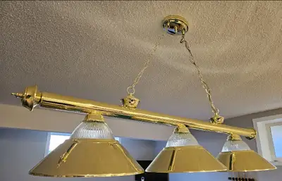 Pool table light. Brass gold color pool table light with glass shades and LED light bulbs. Measureme...