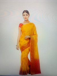 Indian Silk Banarsi Saree- yellow/ pink colour 