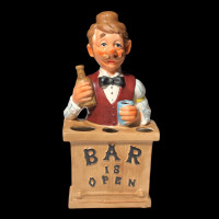 Vintage Mid Century Bar Is Open Barman Figurine Sign Man Cave