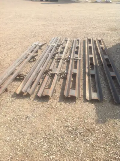 6 used pipe carriers/rocket launchers, 3”x 1/4”angle iron : 4-14’(2 pipe) 1-14’(3pipe) 1-11.5’(3pipe...