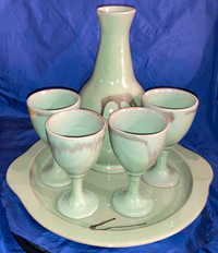 Vtg BMP Celadon Glaze Slate Green Tray Wine Carafe & Goblets x4