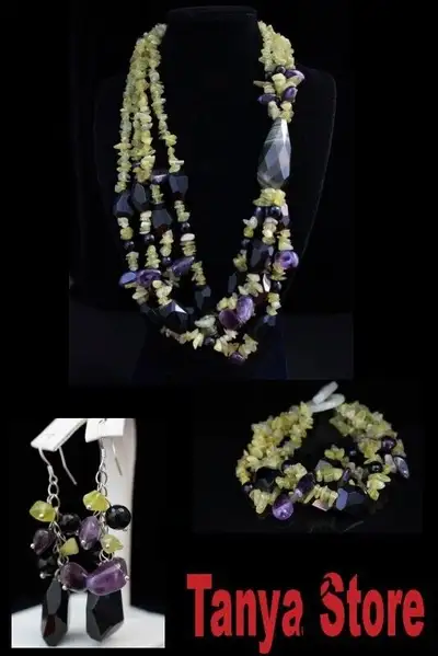 OLIVE JADE AMETHYST JASPER BLACK ONYX NECKLACE BRACELET EARRING, View more