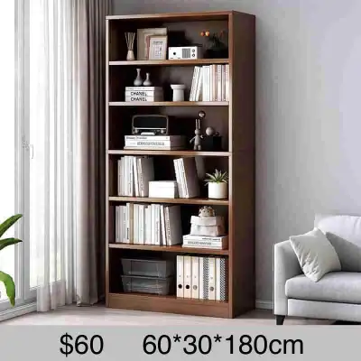 simple wooden bookshelf with six tiers of open shelving, View more