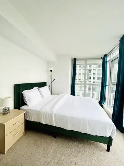 Queen sized bed frame and mattress, View more