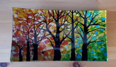 Decorative or trinket glass plate depicting the colorful forest suggesting the changing of the seaso...