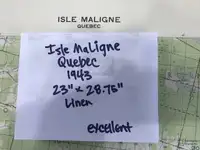 * Isle Maligne QC and area, linen bound  map, 1943, vintage