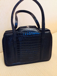 Vintage Black Leather Alligator Embossed Top Handle Handbag