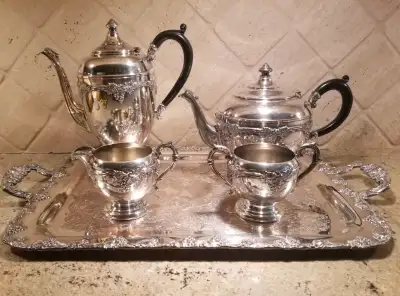 Antique Silver Plate on Copper Coffee & Tea Service with Tray, View more