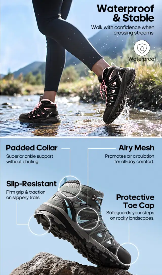 New Women's Waterproof Wide Hiking Boots Outdoor/Black&Pink/US8 in Women's - Shoes in Calgary - Image 6