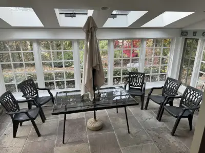 PATIO GLASS TABLE WITH 6 CHAIRS N CANOPY, View more
