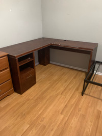 dresser, office desk, and twin bed frame