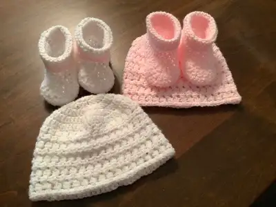 Hand made crocheted baby booties and hat, View more