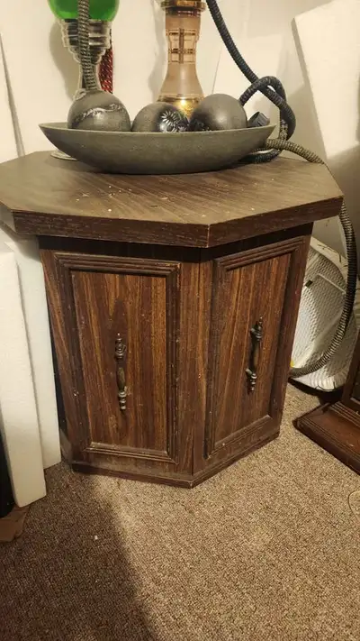 Vintage Hexagonal Wooden End Table with Cabinet Doors, View more