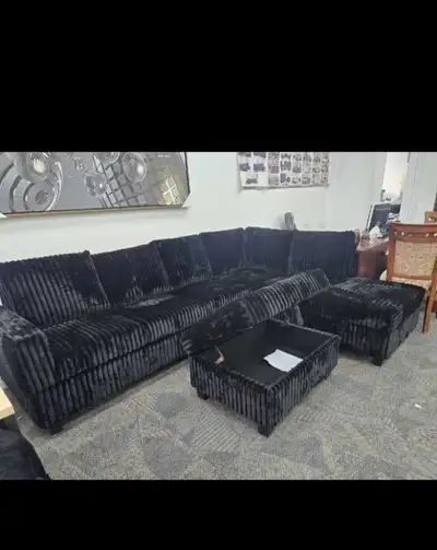 Black Corduroy Sectional Sofa with Storage Ottoman, View more