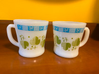 Vintage Fire King Milk Glass Mugs/Cups Set of 2 Atomic Leaf