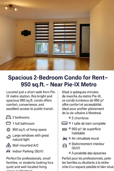 Grand condo 4 ½ à louer – 950 pi² – Près du métro Pie-IX