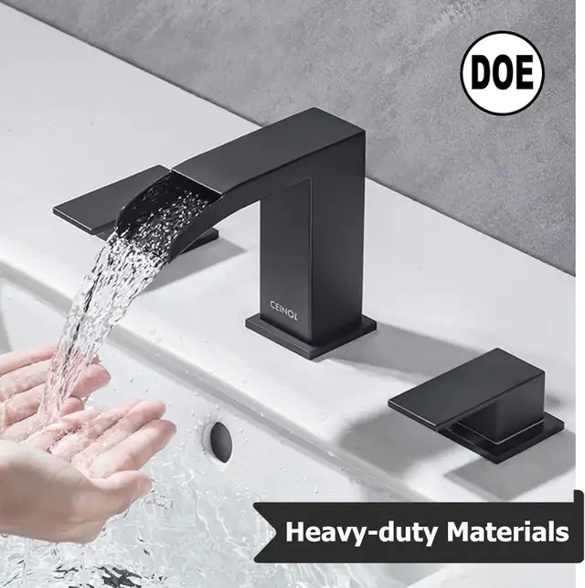 Waterfall Bathroom Faucet Matte Black Sink Faucet 3 Hole Widespr