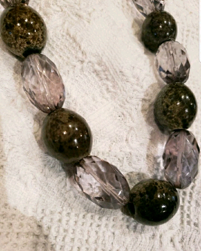 Grey and clear beaded necklace, View more