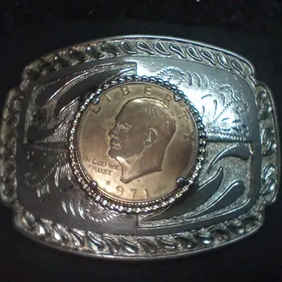 Western Belt Buckle - Mounted 1971 Eisenhower Coin, Gold Plated, View more