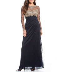 Long Sleeve Gold Embroidered Rouched Gown