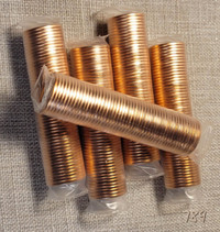 Lot de 5 rouleaux de pièces canadiennes. 1 cent 2011 magnétiques